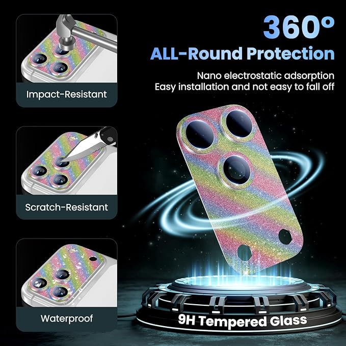 Uyiton for iPhone 17 Pro Camera Lens Protector - Metal Camera Protector | Not Easy to Break, Strong Adsorption, Case-Friendly, Metal 9H Sapphire Glass Rear Camera Screen Cover, Glitter Colorful - Image 2
