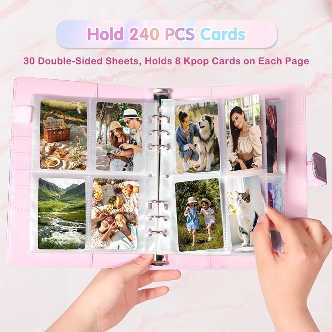 A5 Kpop Photocard Binder with 30 Pack 4-Pocket Card Pages, 6 Ring A5 Binder Card Collector Album with 240 Card Slots,PU Leather Binder Cover with Magnetic Buckle Closure for Organizing Trading Card - Image 2