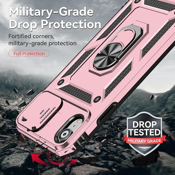 HNHYGETE for iPhone XR Phone Case with HD Screen Protector: [Military Grade 20ft. Drop Tested] Slide Camera Cover Ring Shockproof Protective Phone Case for - iPhone XR (Rose Gold) - Image 2