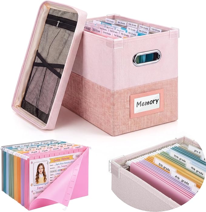 1 Set School Memory Box Organizer, School Keepsake Organizer K-12,Pink | with 15 Hanging File Folders, 4 Labels, 3 Sticker, Mesh-Pocket Lid, for Letter/A4, Report Cards, Photos, Awards, File Keeper by Wenqik