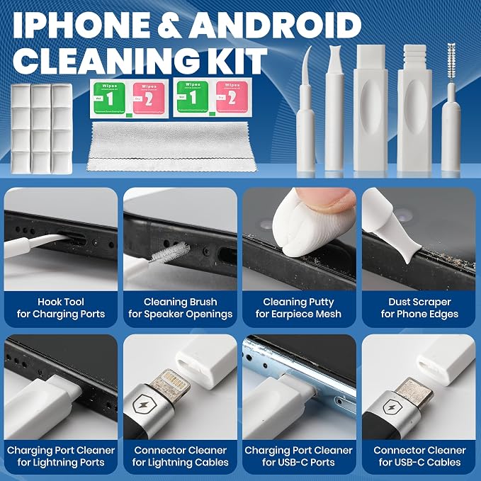 Phone Cleaning Kit (57PCS), iPhone Cleaning Kit, Airbud Cleaning Kit for AirPods, Keyboard Cleaning Kit, Charging Port Cleaner for Apple Lightning/Android USB-C (White, with 10 Mini Brush) - Image 3