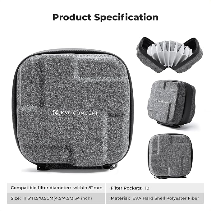 K&F CONCEPT 10 in 1 Lens Filter Case, Filter Bag Up to 82mm | Hard Shell Camera Filter Pouch, Hand Strap, Waterproof, For ND UV CPL Camera Filter, BF01 - Image 7