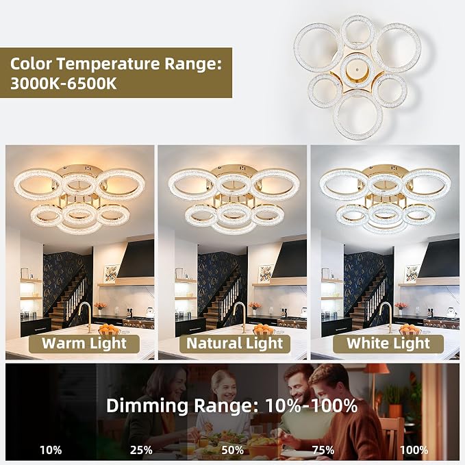 Modern Ceiling Light, 7 Rings 23'' Dimmable LED 106W Flush Mount Ceiling Lights with Remote Acrylic Crystal Round Ceiling Light Fixture, Bedroom Living Room Dining Room, Gold - Image 4