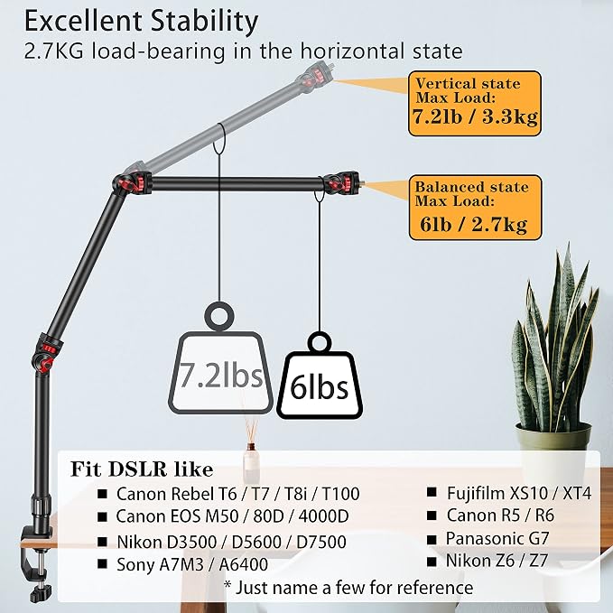 Overhead Camera Mount Desk Stand, 3-Section Detachable Articulating Arm | with 1/4“ 3/8" 5/8" Screw&360° Ball Head, C-clamp Tabletop Mount for DSLR Camera/Webcam/Microphone/Lights - Image 6