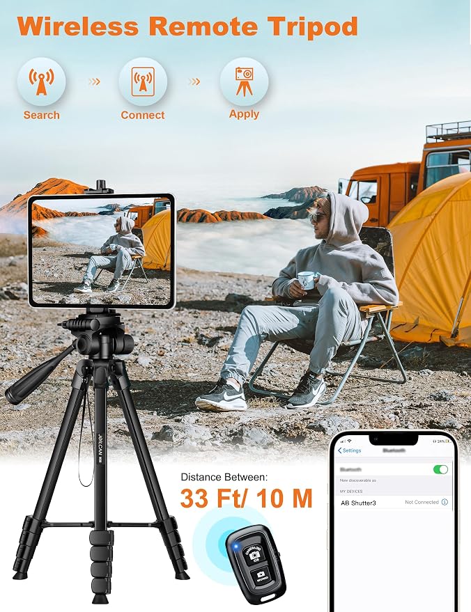 JOILCAN Phone Tripod Stand, 68" Tripod for iPad iPhone Tablet with Remote | Travel Aluminum Tripod with Tablet Holder Carry Bag for Video Recording Photos Vlog Compatible with iPad Pro iPhone Camera - Image 3
