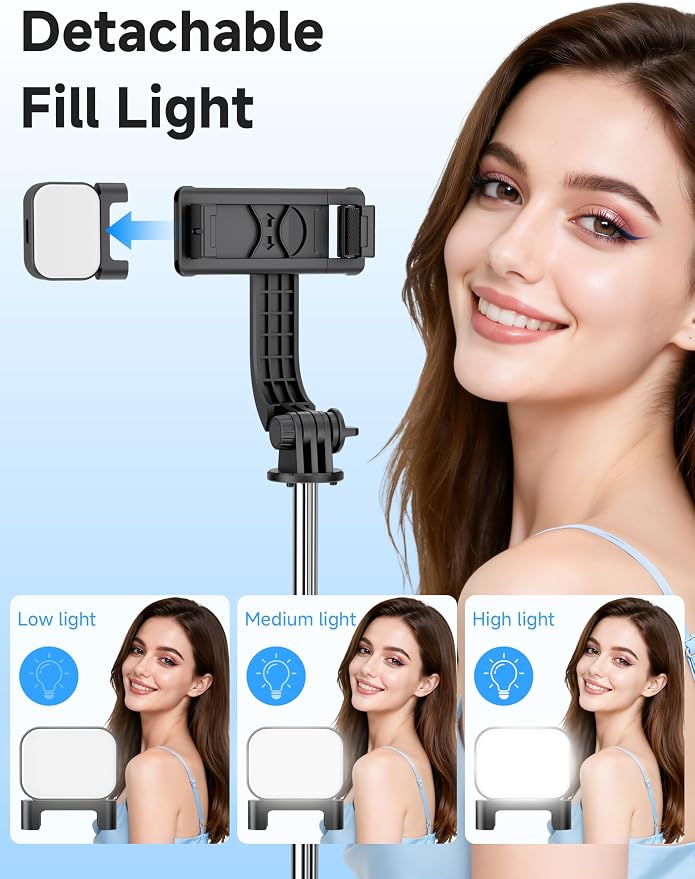 Mini Selfie Stick Travel Tripod for Cell Phone with Light, Extendable Selfie Stick for iPhone with Detachable Remote, iPhone Tripod for Video Recording, Photograph, Compatible with Cellphones - Image 2
