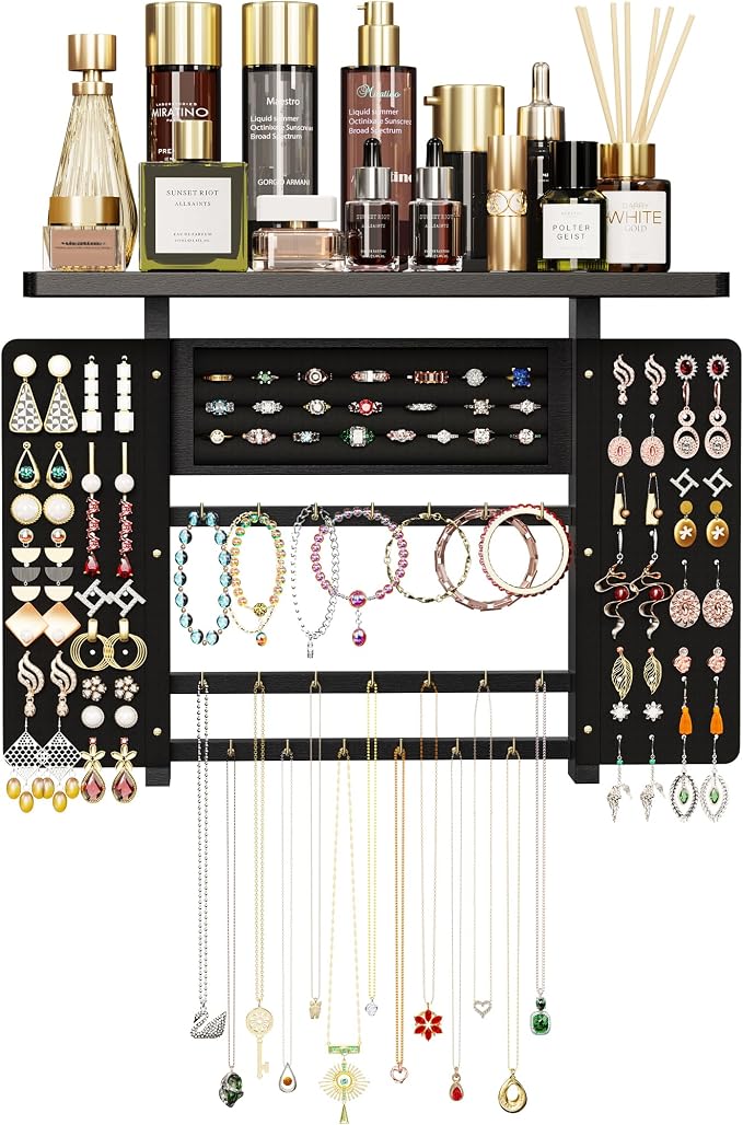 Emfogo Jewelry Organizer Hanging Wall Mounted Jewelry Holder, 5-in-1 Large Capacity Necklace Organizer Wall Display for Ring, Necklaces, Bracelets, Earrings(Black) by Emfogo