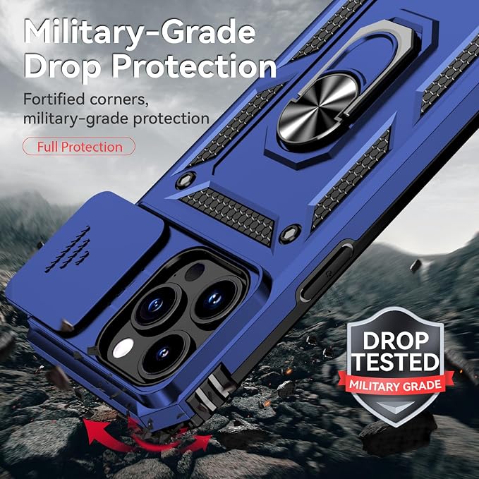 HNHYGETE for iPhone 15 Pro Case with HD Screen Protector: [Military Grade 20ft. Drop Tested] Slide Camera Cover Ring Shockproof Protective Phone Case for - iPhone 15 Pro (Blue) - Image 3