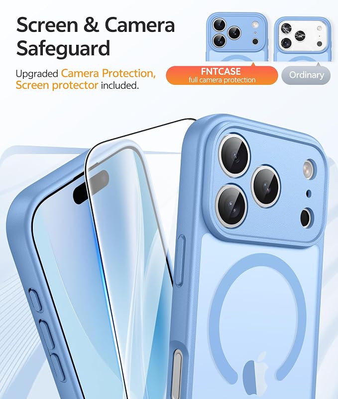 FNTCASE for iPhone 17 Pro Max Case, Fit for Magsafe, Screen Protector | Full Camera Protection, Translucent Matte, 14FT Military Grade Drop Proof, Shockproof Protective Phone Cover, Light Blue - Image 4