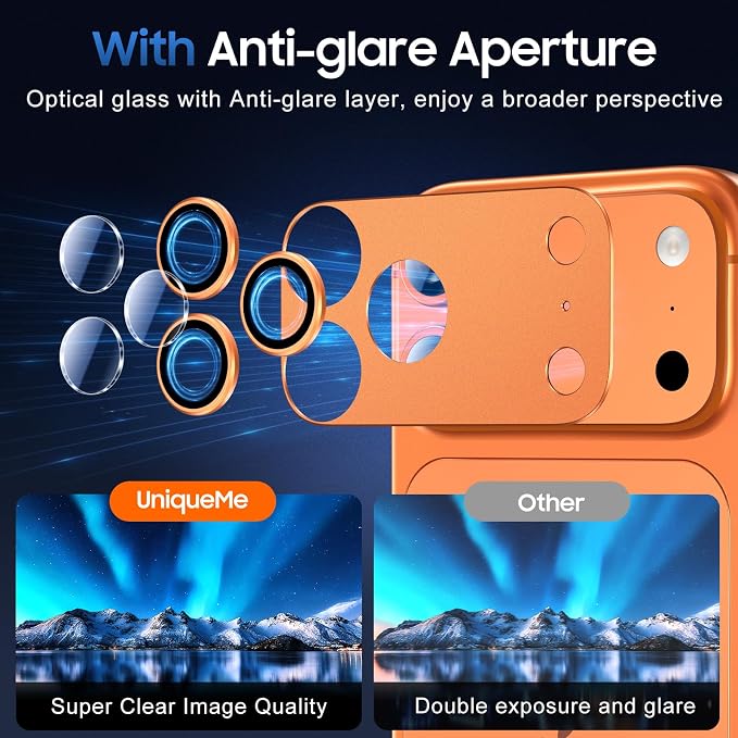 UniqueMe for 3 Pack iPhone 17 Pro Camera Lens Protector - All Orange | Drop Protection, Case Friendly, Acrylic Material, Camera Cover Screen, Update New Version - Image 4