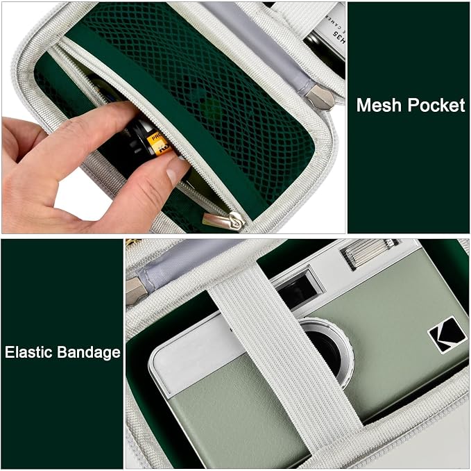 Film Camera Case for Kodak EKTAR H35 H35N Half Frame Film Camera | Camera and 35mm Film Rolls Storage, Mesh Pocket for Small Accessories, Travel and Home Organization; Dark Green, Case Only - Image 3