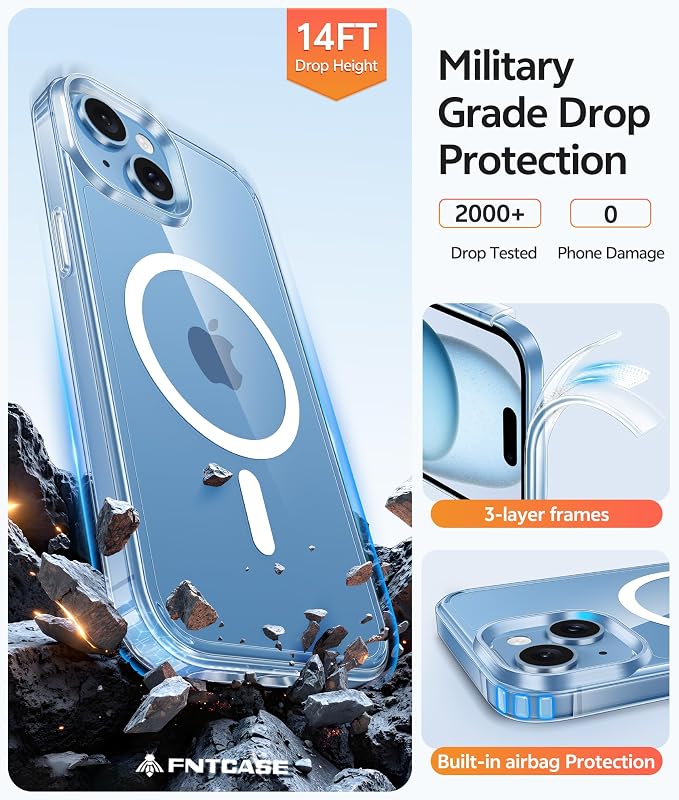 FNTCASE for iPhone 15/14/13 Case, Fit for Magsafe, Glass Screen Protector | Anti Yellowing, Magnetic Phone Cases, 14FT Military Grade Drop Protection, Slim Shockproof Protective Cover, Clear - Image 5