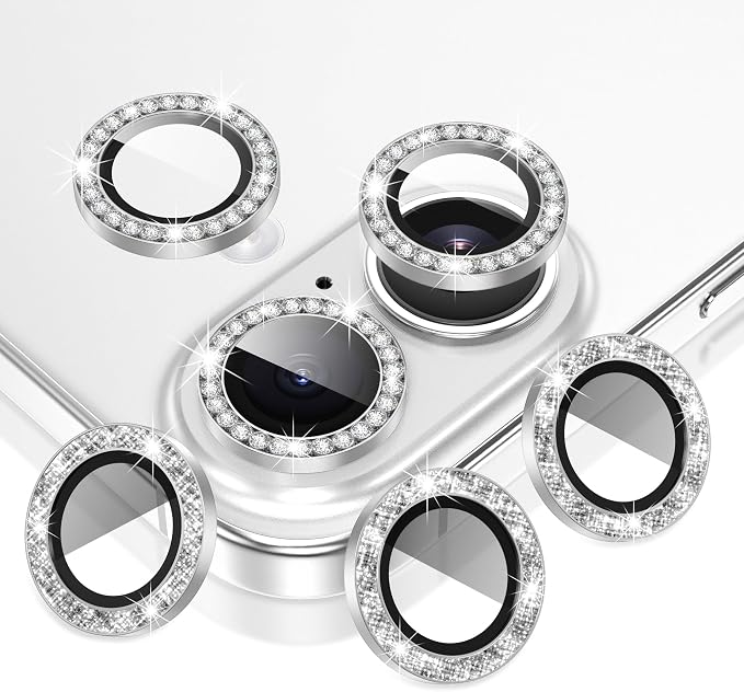 AGVEE 3+3 6 Pack for iPhone 16/16 Plus Camera Lens Protector Cover | Individual Bling Diamond & Bling Glitter Sparkle Cute Gem Metal Ring, 9H Tempered HD Glass by AGVEE