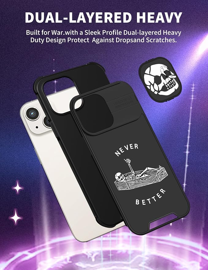 (2in1 for iPhone 15 Plus Case Skull Skeleton Women Boys Goth Cover Cute Fun Gothic Black Spooky Cool Design with Slide Camera Cover Protective Stand Holder for iPhone 15 Plus Phone Case 6.7'' - Image 5
