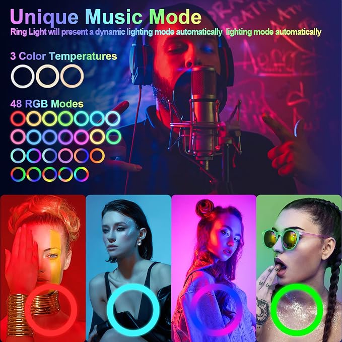 12" Selfie Ring Light with 75" Tripod Stand & 2 Phone Holder, LED Camera Ringlight with 48 RGB Colors Modes & Musical Rhythm Mode and 12 Brightness Dimmable for TikTok/Makeup/Photography/Vlog - Image 3