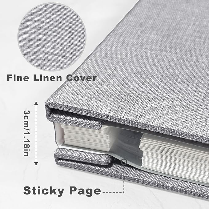 Large Photo Album Self Adhesive, DIY Scrapbook Album for 3x5 4x6 8x10 Pictures, 60 Pages Light Grey Linen Cover Memory Book, Ideal Gift for Family Wedding Baby Christmas Anniversary - Image 3
