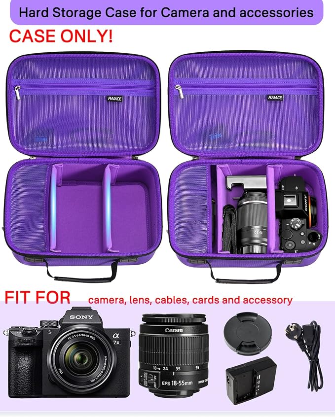 RAIACE Hard Case Compatible with Sony Alpha 7 II III IV/7R V Camera, for Nikon, for Canon, for Pentax and More.Large Capacity With Mesh Pocket for Lens, Charger, Cables, Cards and Accessories.-Purple - Image 2