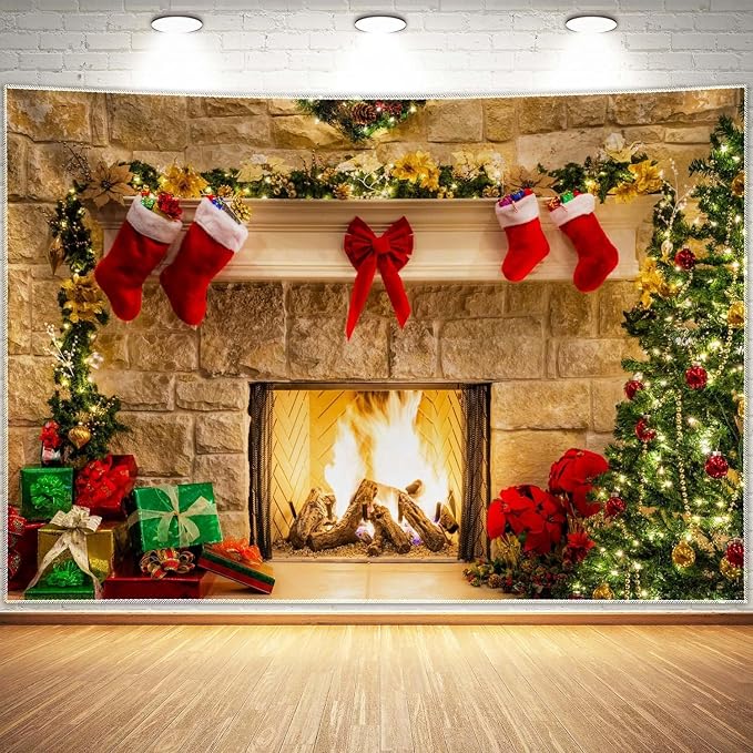 10x8ft Christmas Fireplace Theme Backdrop for Photography | PolyesFabric-Tree Sock Decorations,Xmas Party Supplies,Studio Decor Booth Props,Photo Background Pictures,Wrinkle Free by Haboke
