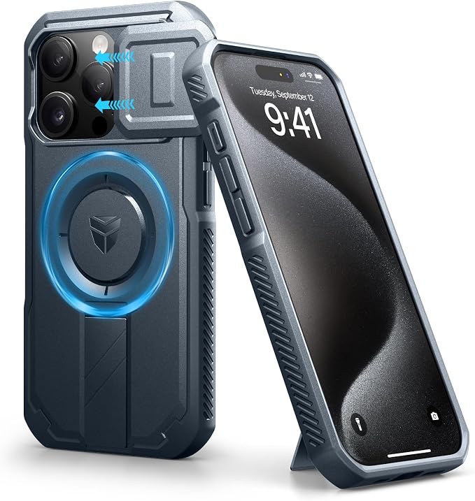 Dexnor for iPhone 15 Pro Case with Slide Camera Cover & Adjustable Kickstand, Compatible with MagSafe, Rugged Shockproof Bumper Cases Heavy-Duty Magnetic Protective Cover,6.1 inch,Navy Blue by Dexnor