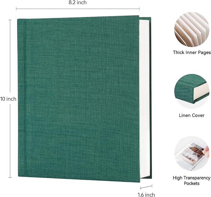Instax Mini Photo Album with Writing Space, Linen Cover, Green | Compatible with 2x3 inch & Polaroid Pictures, 112 Recessed Clear Pockets, Wedding Guest Book and Family Memories - Image 2