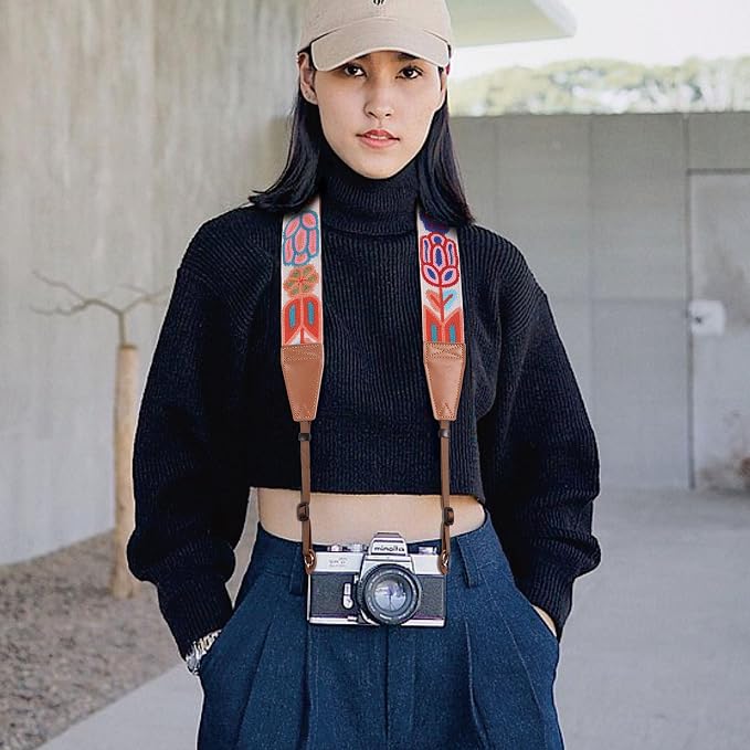 Padwa Lifestyle Colorful Crochet Camera Strap - 2" Full Grain Leather Ends Camera Straps for Photographers, Vintage Woven Cotton Soft Suede Fabric Padded Strap with Quick Release fits All Cameras - Image 5