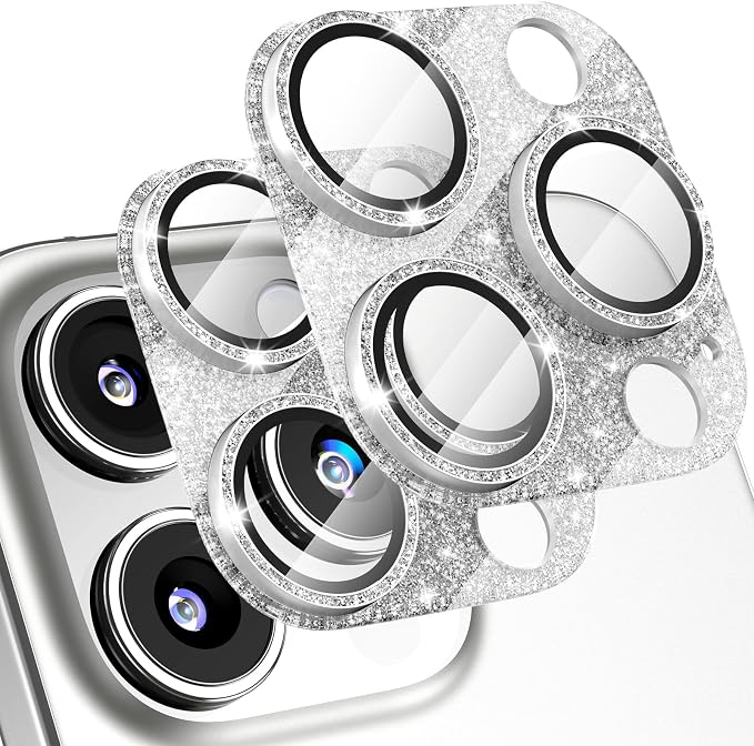 [2 Pack] Bling Camera Lens Screen Protector for iPhone 16 Pro/16 Pro Max with 9H Tempered Glass Aviation Aluminum Plate Cover Metal Ring,Night Circle,No Bubble,HD Clarity,Easy Installation-Glitter Silver by Uniwit