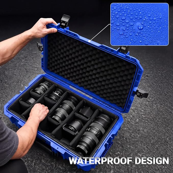 Relaxweex Rolling Camera Hard Case with 24 Padded Dividers & Wheels | Impact-resistant, Protective, Waterproof, Hard Shell Travel Case for Cameras, Lenses & Accessories, 26 x 20 x 10 Inch, Blue - Image 7