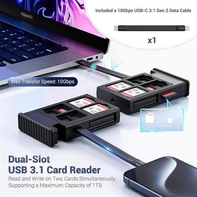 Kiorafoto 24 Slots Memory Card Case & High-Speed USB-C Reader,Plug and Play | Aluminum Alloy 8 SD + 16 TF Card Holders & USB C 3.1 Gen 2 Cable & Light/USB A/MicroUSB/OTG Adapter for Device Data Transfer - Image 5