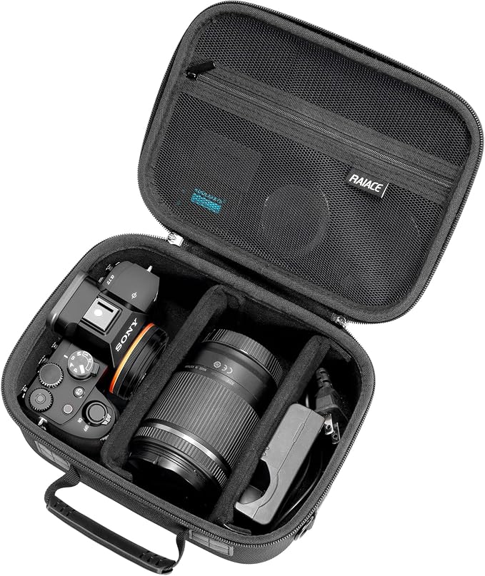 RAIACE Hard Case Compatible with Sony Alpha 7 II III IV/7R V Camera, for Nikon, for Canon, for Pentax and More. Mesh Pocket for Charger, Cables, Cards and Accessories. (case only) - Black by RAIACE