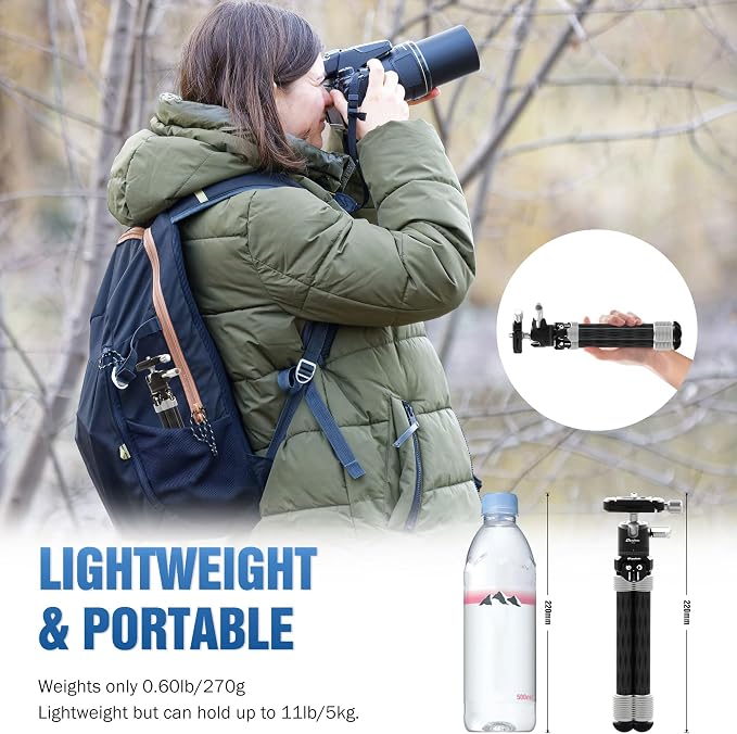 LEOFOTO Carbon Fiber Mini Table Tripod with Ball Head for Camera, Lightweight Desktop Tripod with Base, 1/4" Arca QR Plate for Phone Adaptor/Projector, Max Height 10.43", Max Load 11LB, MT-02C Plus - Image 3