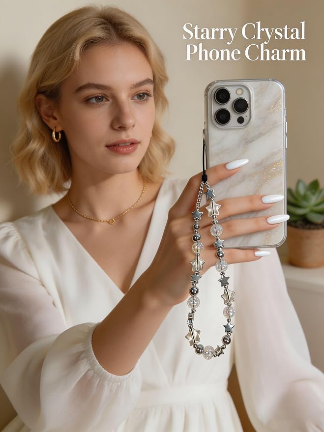 2 Pcs Phone Charm Strap Hand Wrist Strap Camera Lanyard Pearl Beaded Cute Chain String Accessories Universal for iPhone 17 Pro Max 16 15 14 for Samsung Women Girls Keychain Bag Autumn Crystal and Star - Image 3