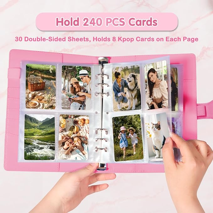 A5 Kpop Photocard Binder, PU Leather 6-Ring Album with Magnetic Closure, Includes 30 Pack 4-Pocket Pages for 240 Cards, Card Holder for Trading and Collectible Cards (Rose) - Image 2