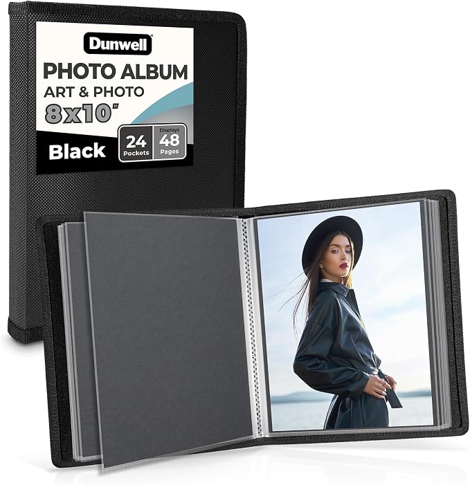 Dunwell 8x10 Photo Album & Art Portfolio Book, 24 Sleeves, Black | Displays 48 Pages, 24 Clear Sleeves, Black Mounting Paper, Organizer for 8x10 Photos by Dunwell