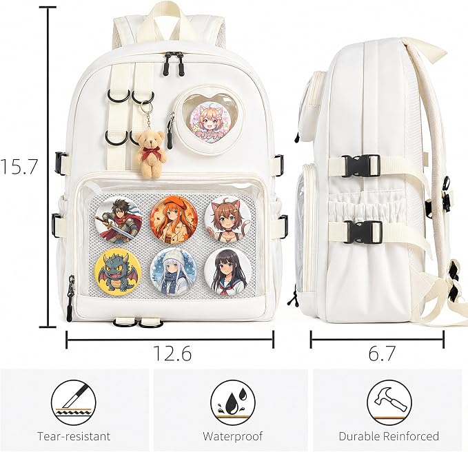 Ita Bag Backpack with Insert - Kawaii Pin Display Clear Window Bookbag, Y2K Aesthetic Laptop Backpack for Anime Cosplay School, Fits 15.6" Laptop, White - Image 2