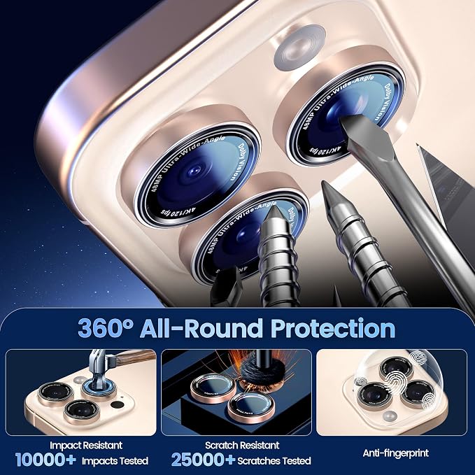 CACOE Camera Lens Protector for iPhone 14/15/16/17 Pro/Pro Max Cover | Anti-Scratch, Drop-Proof, Strong Adhesion, Camera Screen Cover, for iPhone 14-17 Pro/Pro Max, Desert Gold - Image 6