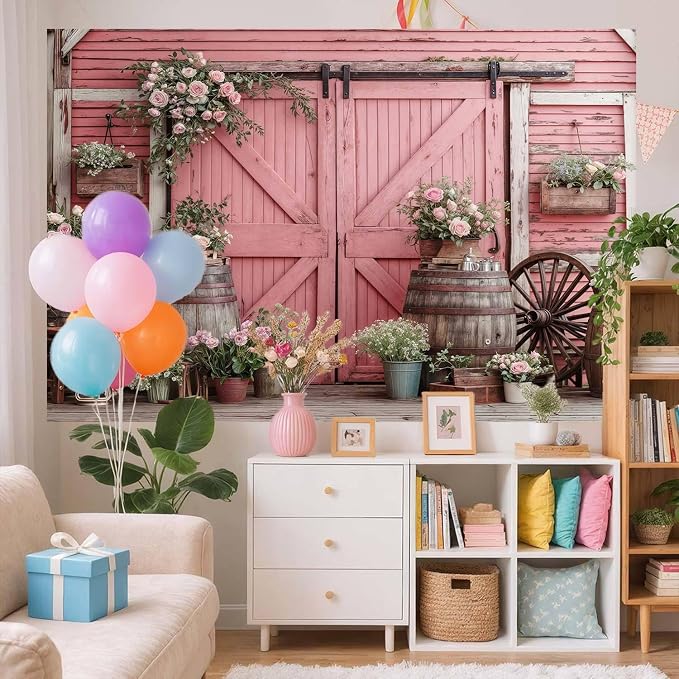 15x10ft Country Wedding Pink Photography Backdrop Rustic Wooden Door Photography Backdrop Farmhouse Flower Western Girl Birthday Baby Shower Wedding Bridal Party Banner Photo Booth Props Background - Image 3