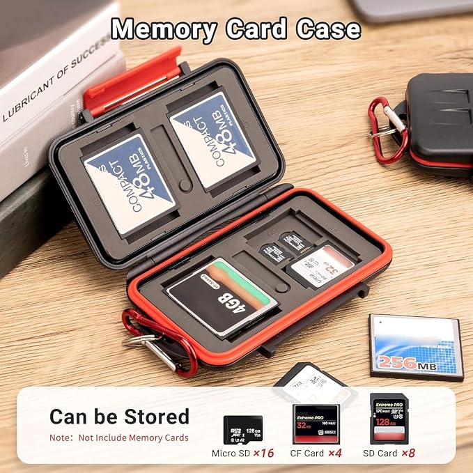 Kiorafoto 28 Slots Memory Card Case for 16 MicroSD + 8 SD + 4 Compact Flash | IPX5 Water-Resistant,SD SDHC SDXC Micro SD TF CF Card Holder Wallet,Hard Shell with Rubber Interior & Carabiner & Sim Tool - Image 2