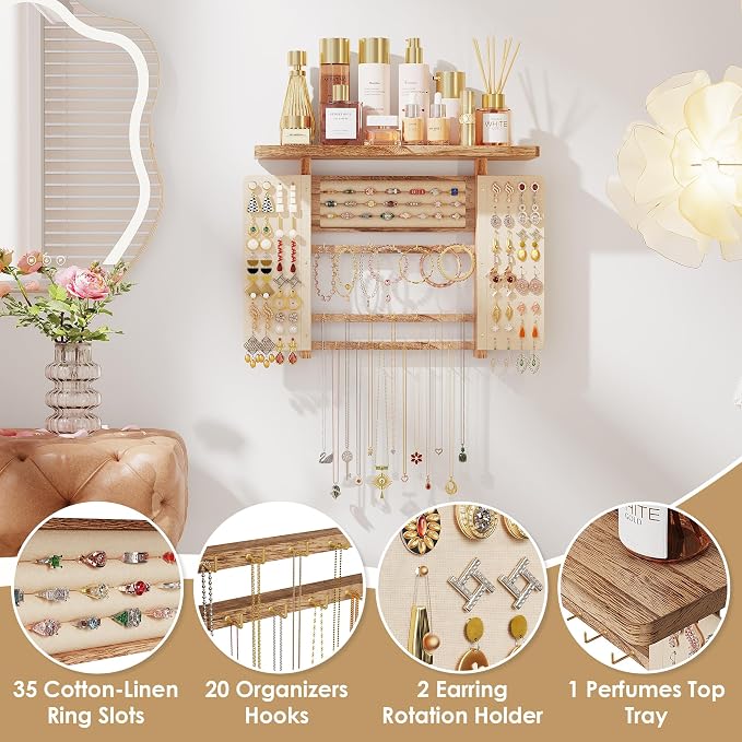 Emfogo Jewelry Organizer Hanging Wall Mounted Jewelry Holder, 5-in-1 Large Capacity Necklace Organizer Display for Ring, Necklaces, Bracelets, Earrings (Rustic Wood) - Image 2