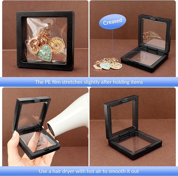 12 Pcs 3D Floating Frame Display Stand, Transparent Jewelry Gift Boxes | 2.75 x 2.75 x 0.8 Inch Small Jewelry Gift Boxes with PE Film, for Earrings Necklaces Rings Coins Specimens Crafts, Black - Image 7
