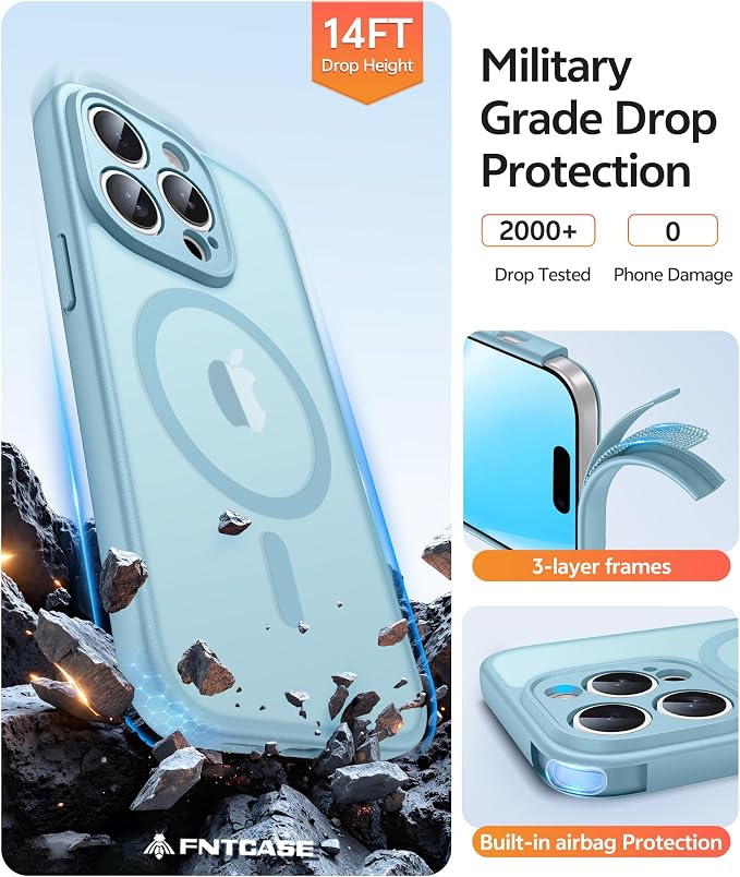 FNTCASE for iPhone 14 Pro Case, Compatible with Magsafe, Screen Protector | Full Camera Protection, Translucent Matte, 14FT Military Grade Drop Proof, Shockproof Protective Phone Cover, Teal - Image 5