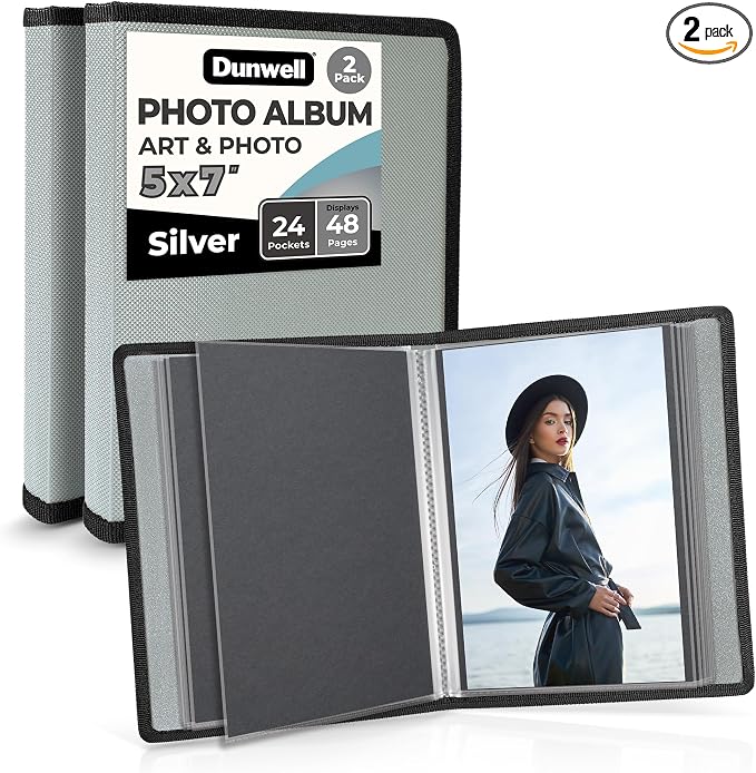 Dunwell 5x7 Photo Album & Art Portfolio Binder, 24 Sleeves, 2-Pack | Displays 48 Pages, 24 Clear Sleeves, Black Mounting Paper, Organizer for 5x7 Photos by Dunwell