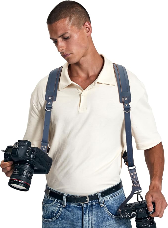 Padwa Lifestyle Dual Camera Harness Strap for Two-Cameras - Dual Shoulder Full Grain Leather Harness,Multi Double Camera Gear for DSLR/SLR Strap,Double Camera Harness for Photographers,Blue - Image 3