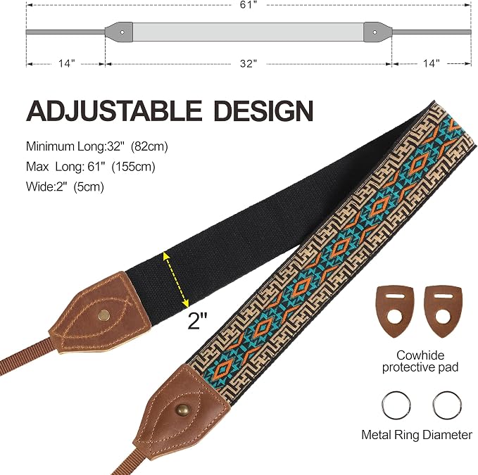 Padwa Lifestyle 2" Wide Classic Crazy Horse Art Cowhide Head Cotton Camera Straps for Photographers - Image 6