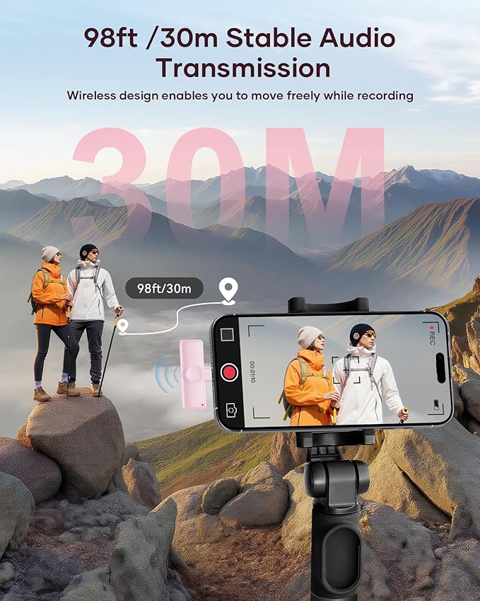 Wireless Microphone for iPhone iPad and Android Phone, 2 Pack Wireless Lavalier Lapel Mic with Noise Reduction, Plug and Play Mini Microphone for Video Recording Interview YouTube TikTok Vlog (Pink) - Image 3