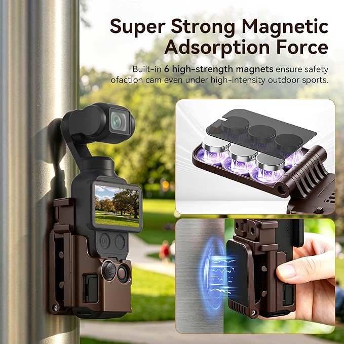 AMAZEAR Magnetic Mount Stand Compatible with DJI Osmo Pocket 4P/4/3/Xtra Muse, Pocket4 Accessories Adapter Clamp Magnet Suction Case Holder on Desktop/Vertical Surface, 180° Adjustable Handle, Brown - Image 3
