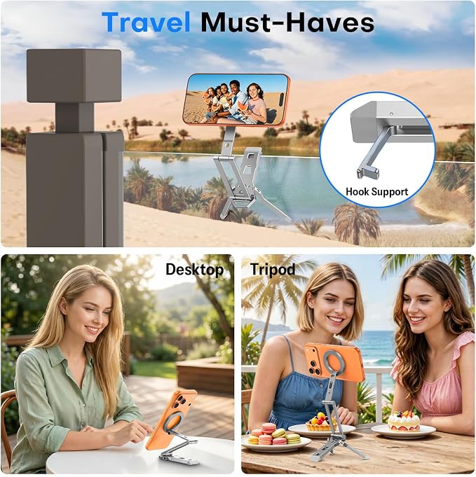 OMOTON TP06-E [3-Adjust] Sturdy Magnetic Phone Tripod for iPhone 17, Sliver | Aluminium Phone Stand for MagSafe with Hook 1/4" Screw& Arca, Travel Essentials Gift for Vlog, Creators, Live - Image 3