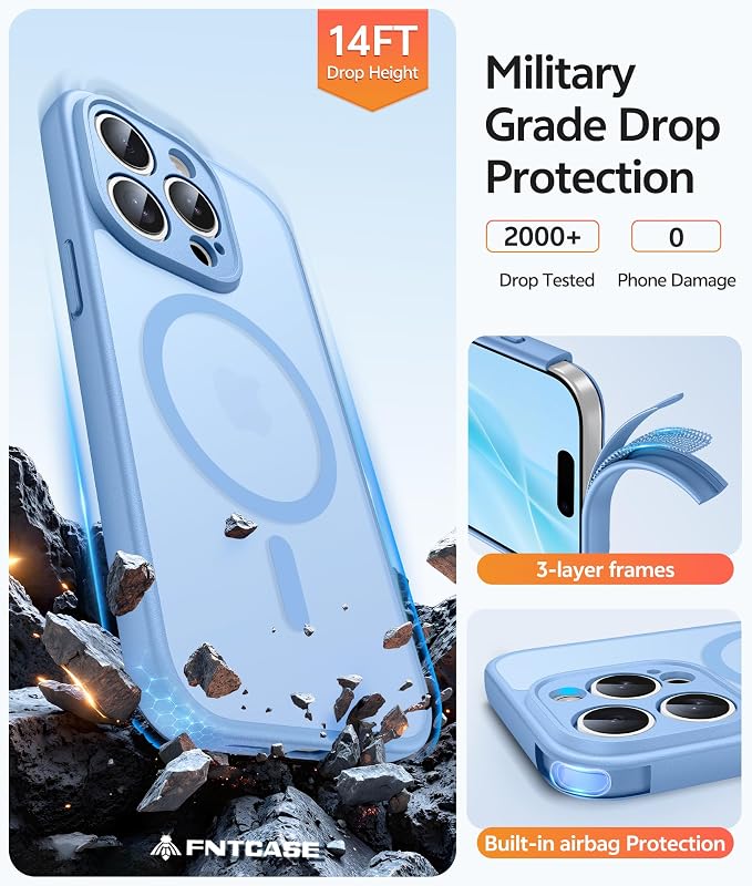 FNTCASE for iPhone 15 Pro Case, Fit for Magsafe, Screen Protector | Full Camera Protection, Translucent Matte, 14FT Military Grade Drop Proof, Shockproof Protective Phone Cover, Light Blue - Image 5