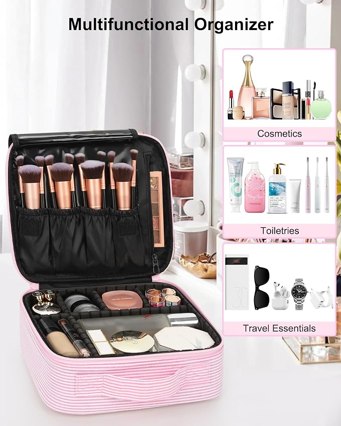 Relavel Travel Makeup Train Case, Portable Cosmetic Case Makeup Organizer, Professional Artist Storage Bag with Adjustable Dividers for Cosmetics Brushes, Birthday Gifts for Girls, Pink Stripe - Image 6
