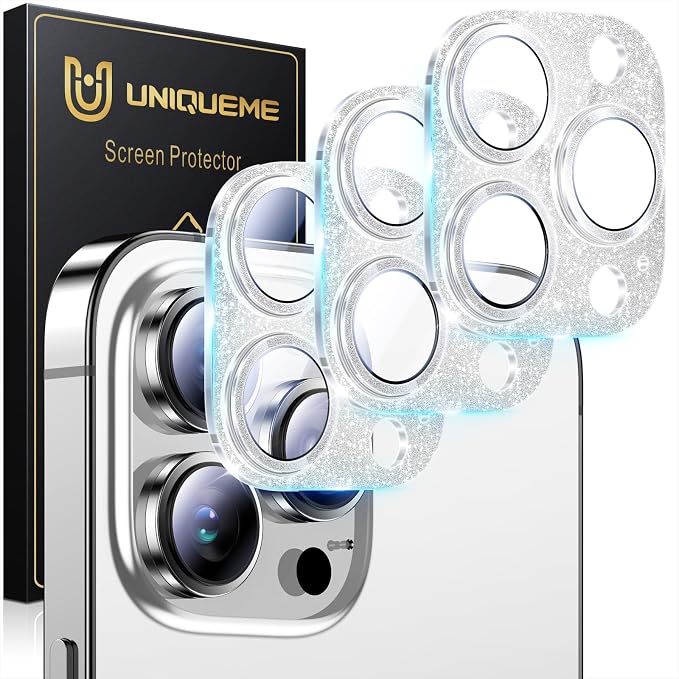 UniqueMe for iPhone 14 Pro Max/14 Pro Camera Lens Protector-Glitter Silver | 3 Pack-Acrylic, Not Glass, Case Friendly, Scratch-Resistant, Night Shooting Mode by UniqueMe