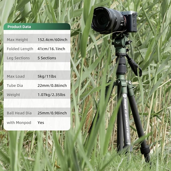 Fotopro 62" Carbon Fiber Travel Tripod, Lightweight Compact Video Tripods with Fluid Head, Detachable Monopod with Arca-Swiss Quick Release Plate and Bag, Camera Tripod Load up to 8KG/17.63lbs, Green - Image 3
